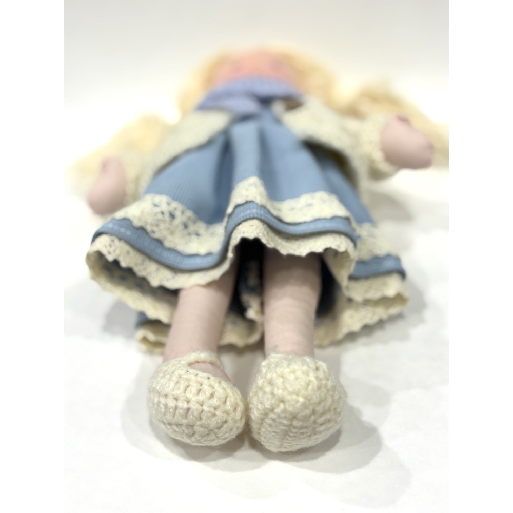 12" Handmade Rag Doll Blonde Pigtails Blue Dress Knit Sweater Plush Toy - Picture 4 of 9